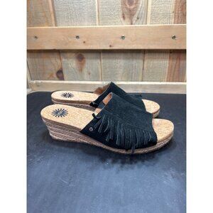 Ugg Womens Black Suede Fringe Cork Wedge Sandals Size 7